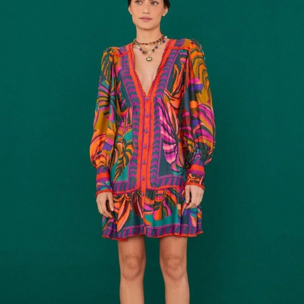 NWT Farm Rio Graphic Foliage Lenzing™ Ecovero™ Viscose Mini Dress Size S